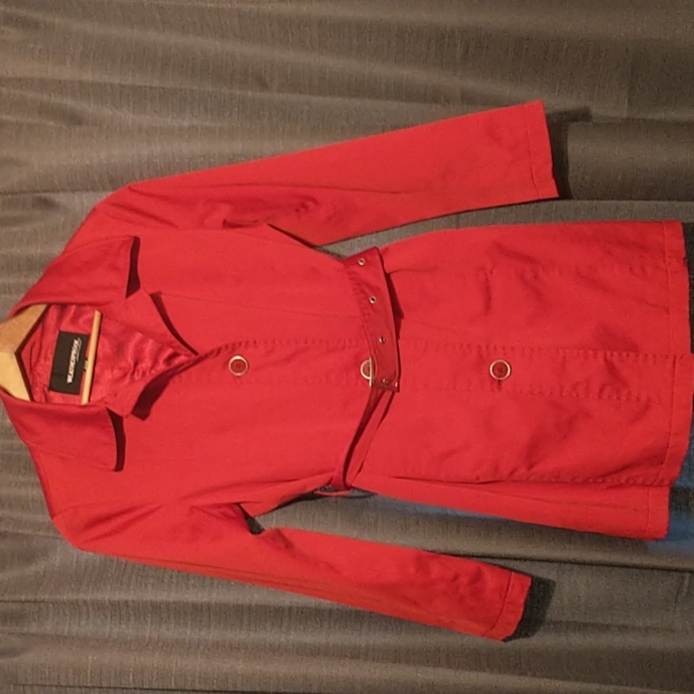 Hot little bright red trench coat.
